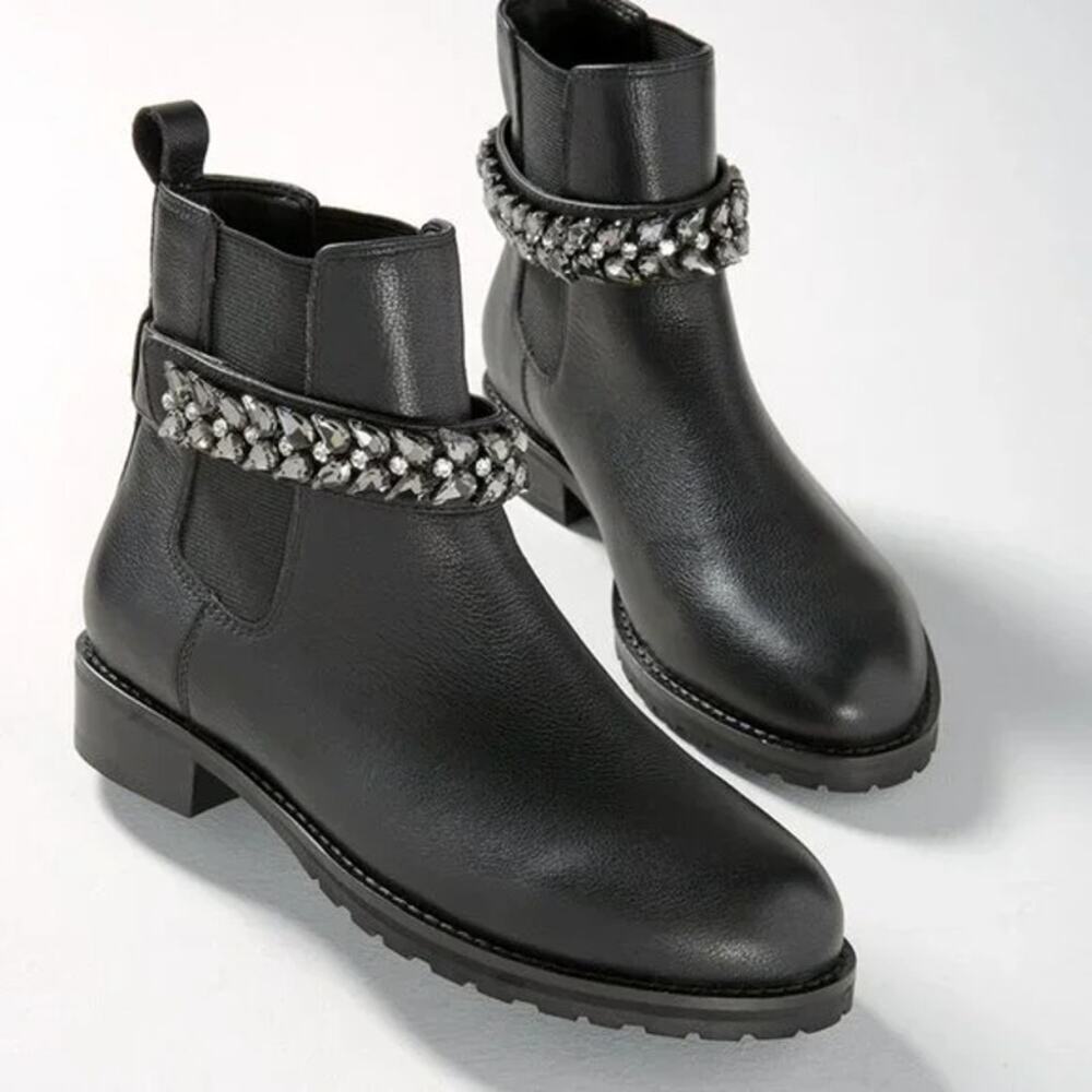 White House Black Market Women's Black Lily Gem Leather Chelsea Boots Size 9m